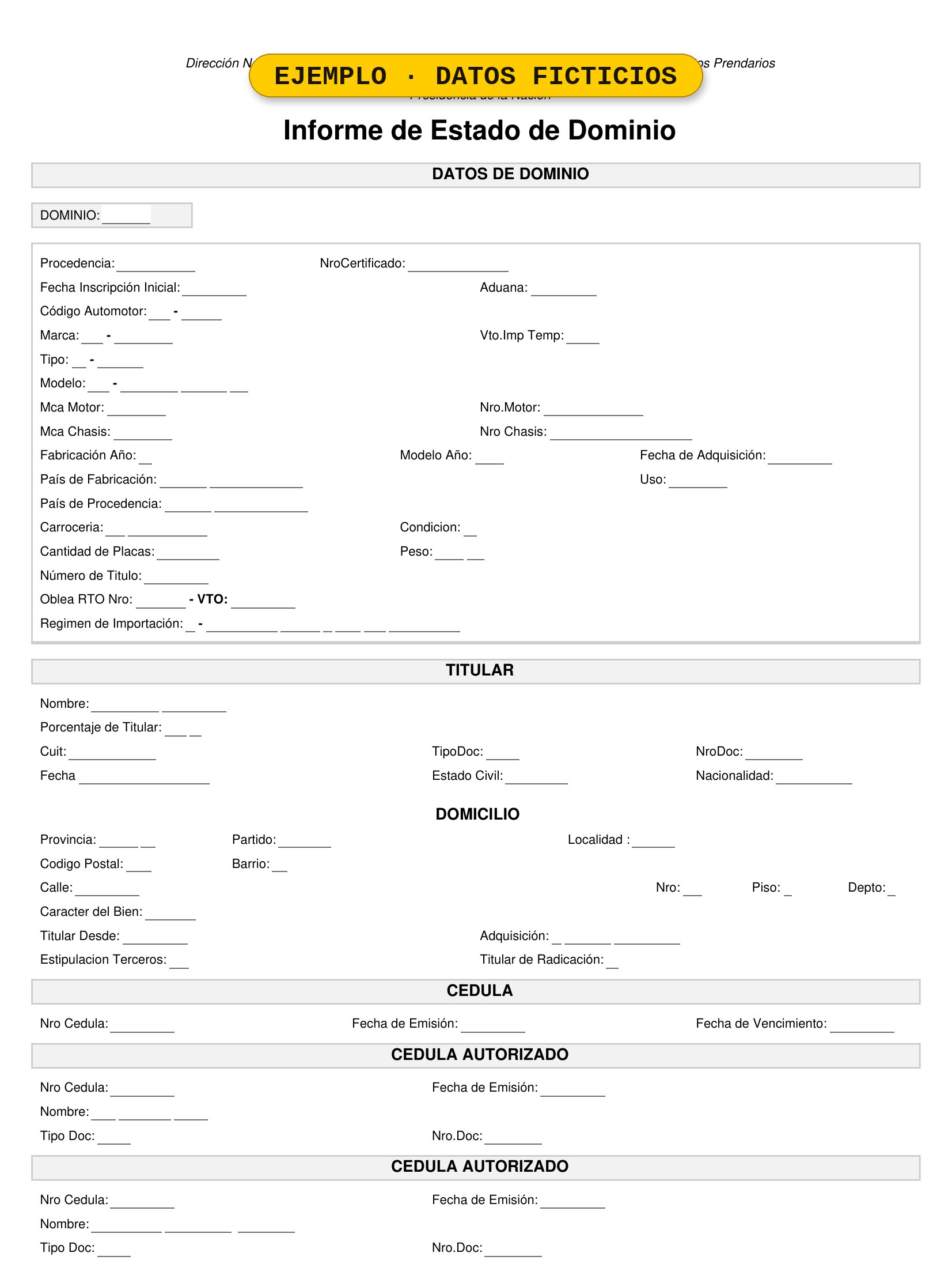 Vista previa del informe de dominio real en PDF, con datos del vehículo (marca, modelo, motor, chasis) y estado registral, y los datos personales del titular tapados para preservar la privacidad.